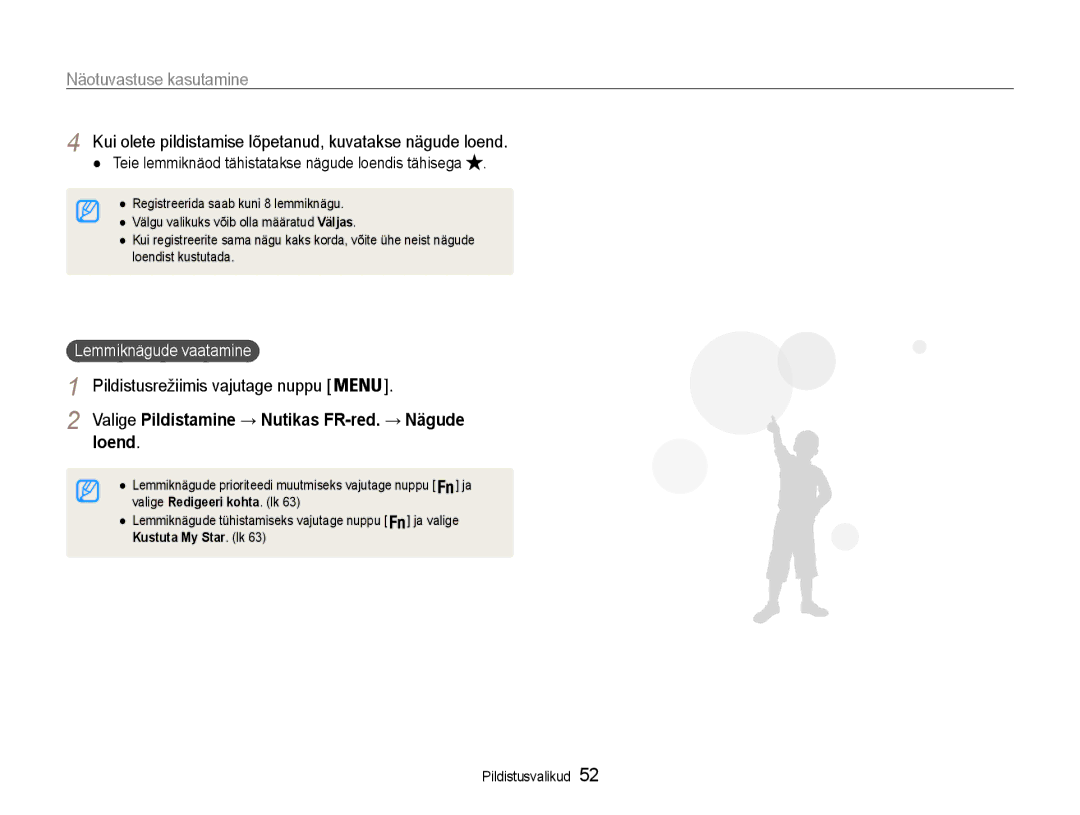 Samsung EC-PL210ZBPBE2 Kui olete pildistamise lõpetanud, kuvatakse nägude loend, Loend, Pildistusrežiimis vajutage nuppu 