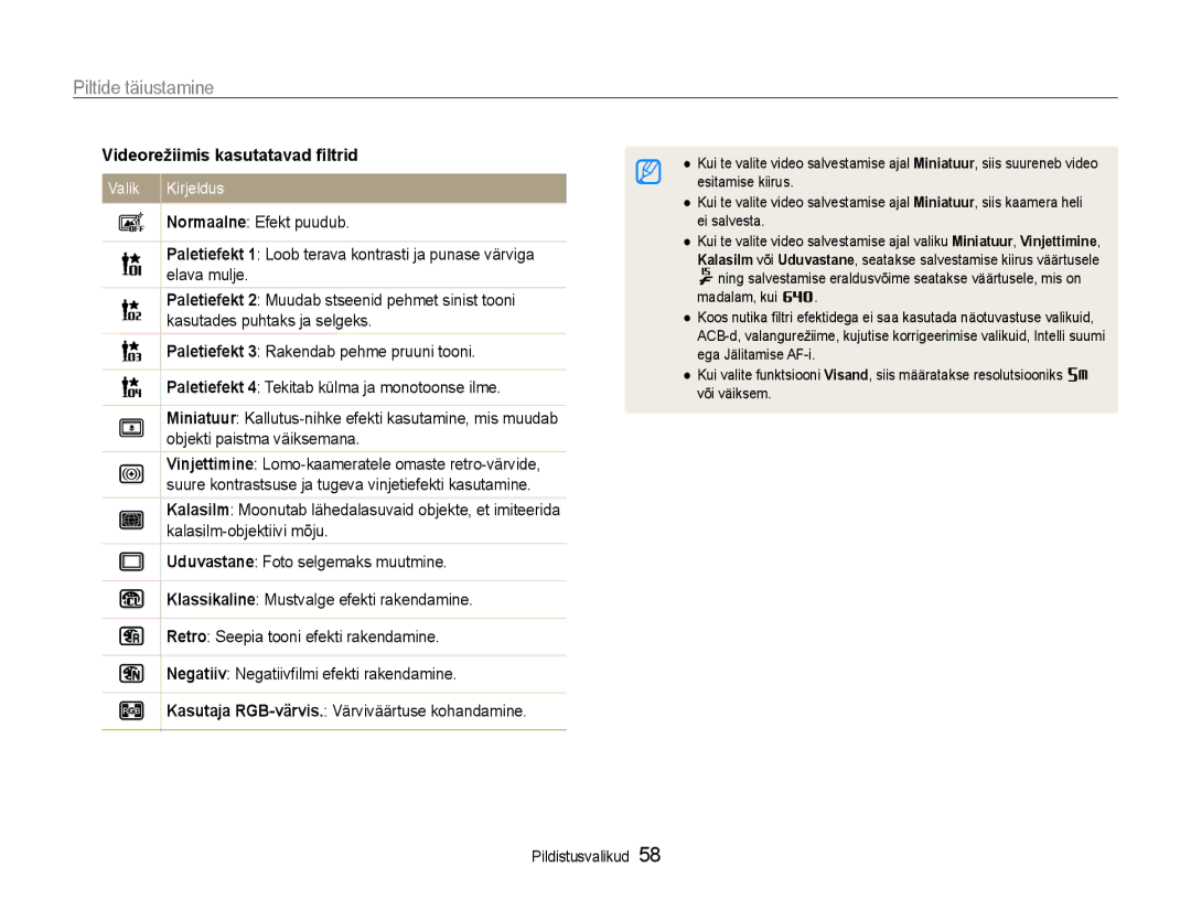 Samsung EC-PL210ZBPBE2 manual Piltide täiustamine, Videorežiimis kasutatavad filtrid 