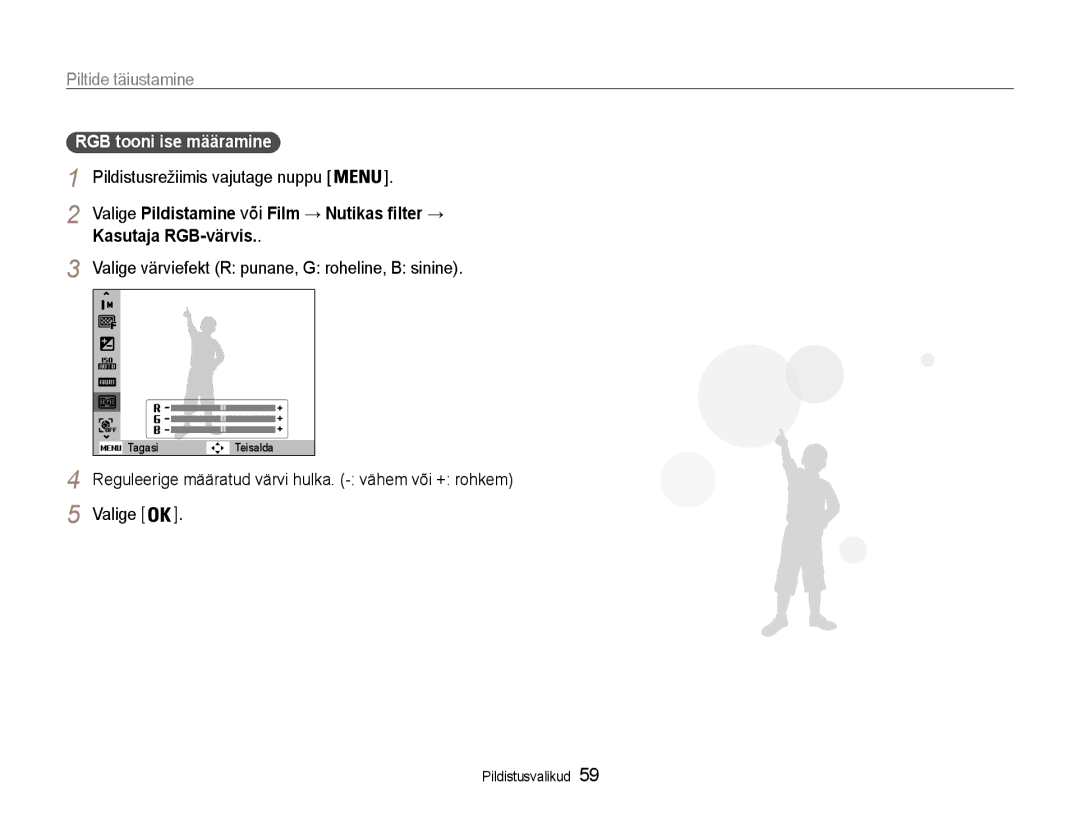 Samsung EC-PL210ZBPBE2 manual Kasutaja RGB-värvis, Valige Pildistamine või Film → Nutikas filter → 