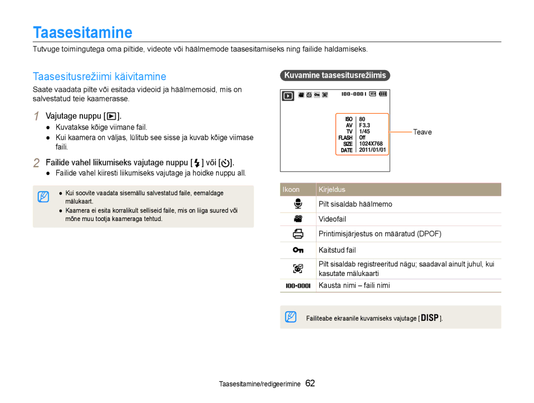 Samsung EC-PL210ZBPBE2 Taasesitamine, Taasesitusrežiimi käivitamine, Failide vahel liikumiseks vajutage nuppu või, Teave 