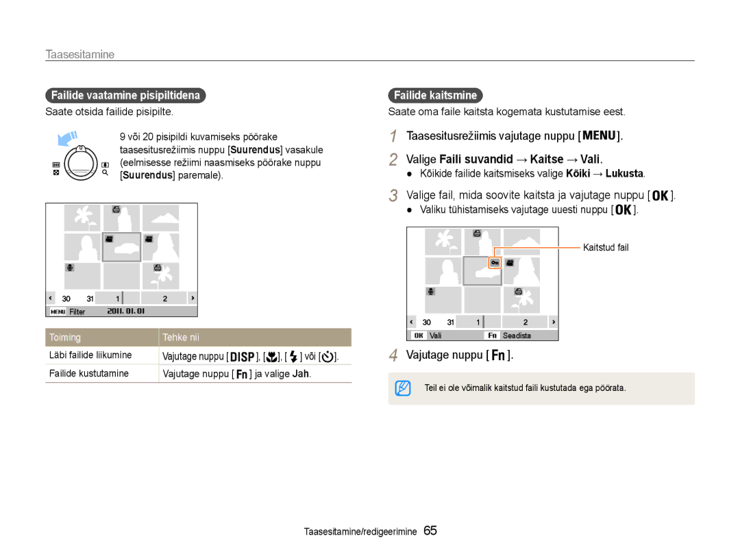 Samsung EC-PL210ZBPBE2 manual Taasesitusrežiimis vajutage nuppu, Failide vaatamine pisipiltidena, Failide kaitsmine 