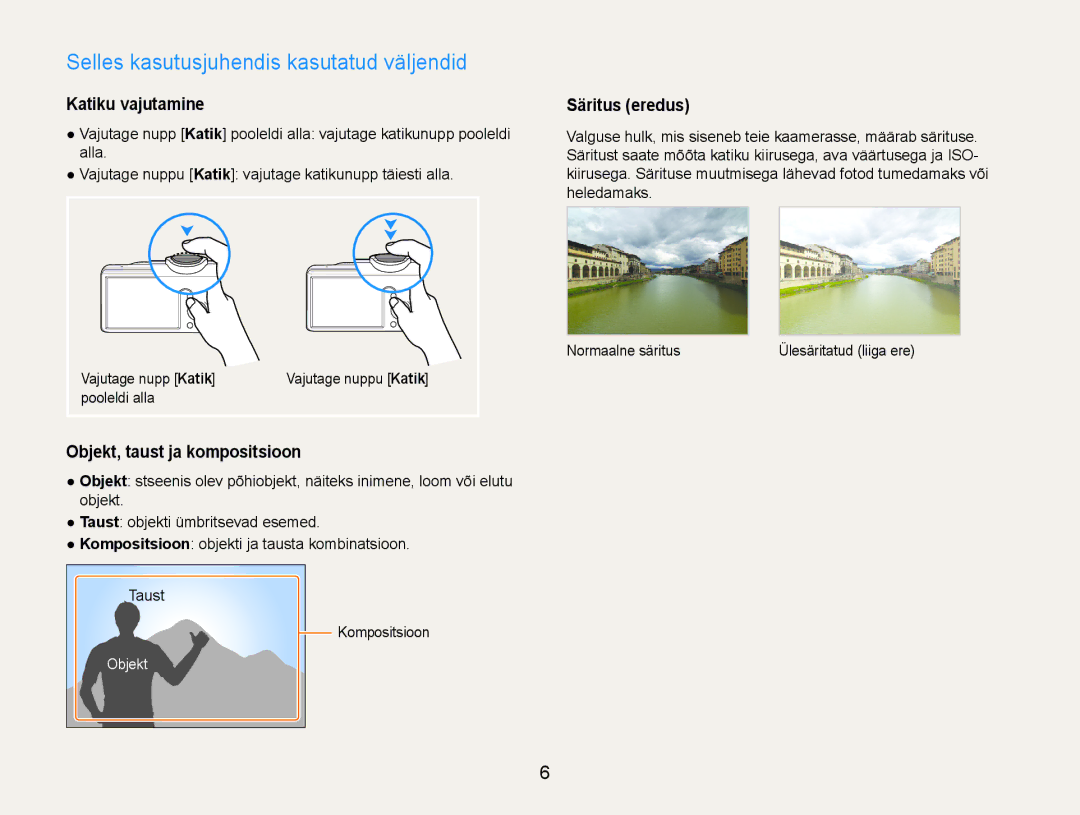 Samsung EC-PL210ZBPBE2 manual Selles kasutusjuhendis kasutatud väljendid, Katiku vajutamine, Objekt, taust ja kompositsioon 