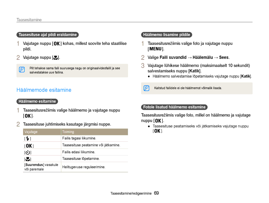 Samsung EC-PL210ZBPBE2 manual Häälmemode esitamine, Pildi, Taasesitusrežiimis valige foto ja vajutage nuppu 