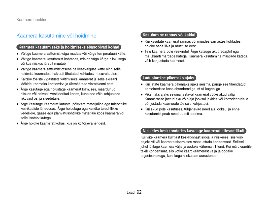 Samsung EC-PL210ZBPBE2 manual Kaamera kasutamine või hoidmine, Kaamera hooldus 