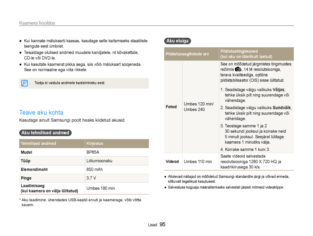 Samsung EC-PL210ZBPBE2 manual Teave aku kohta, Aku tehnilised andmed, Aku eluiga 