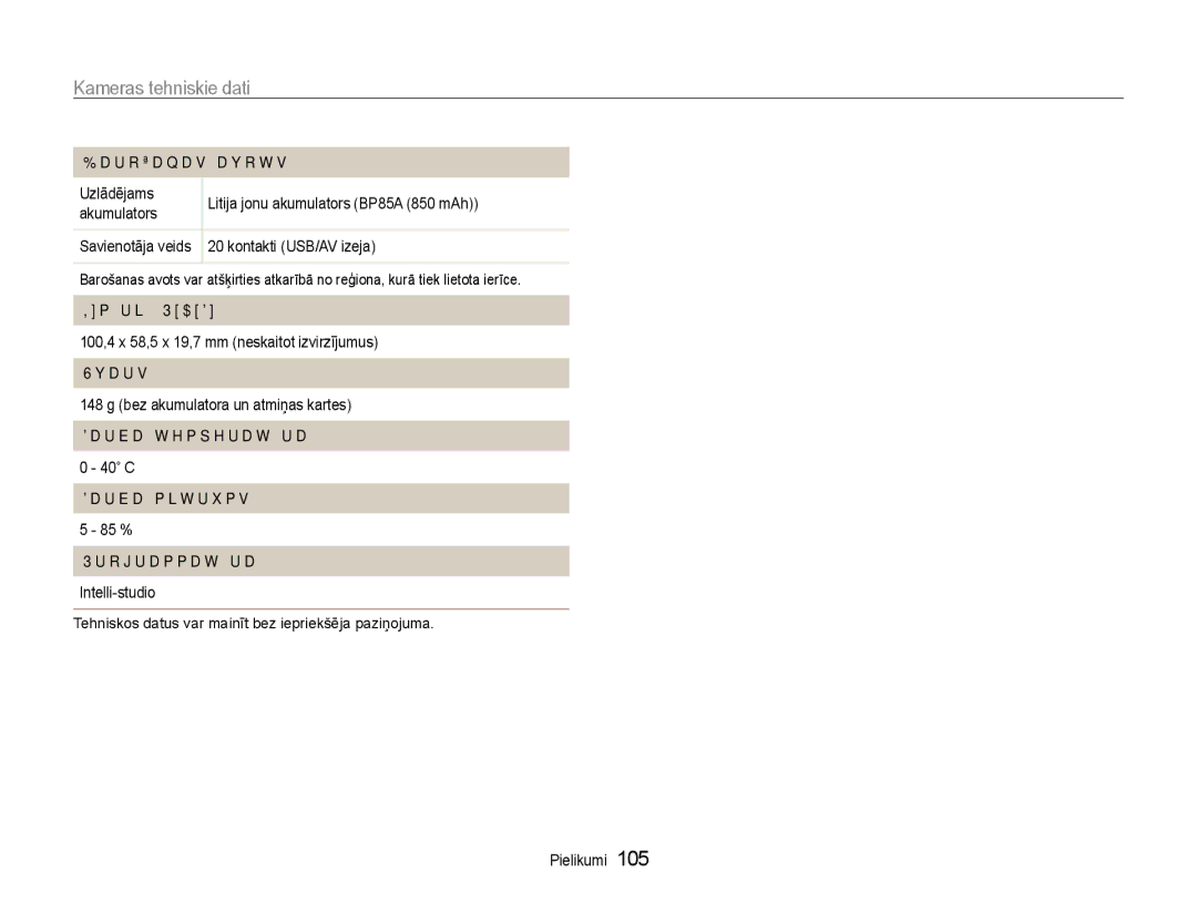 Samsung EC-PL210ZBPBE2 manual Barošanas avots, Izmēri PxAxDz, Svars, Darba temperatūra, Darba mitrums 