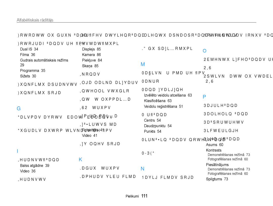 Samsung EC-PL210ZBPBE2 manual Alfabētiskais rādītājs 