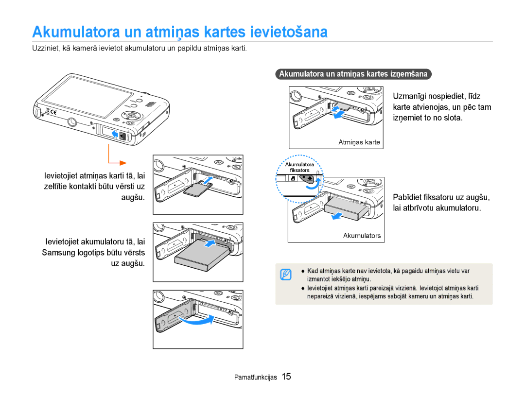 Samsung EC-PL210ZBPBE2 manual Akumulatora un atmiņas kartes ievietošana, Akumulatora un atmiņas kartes izņemšana 