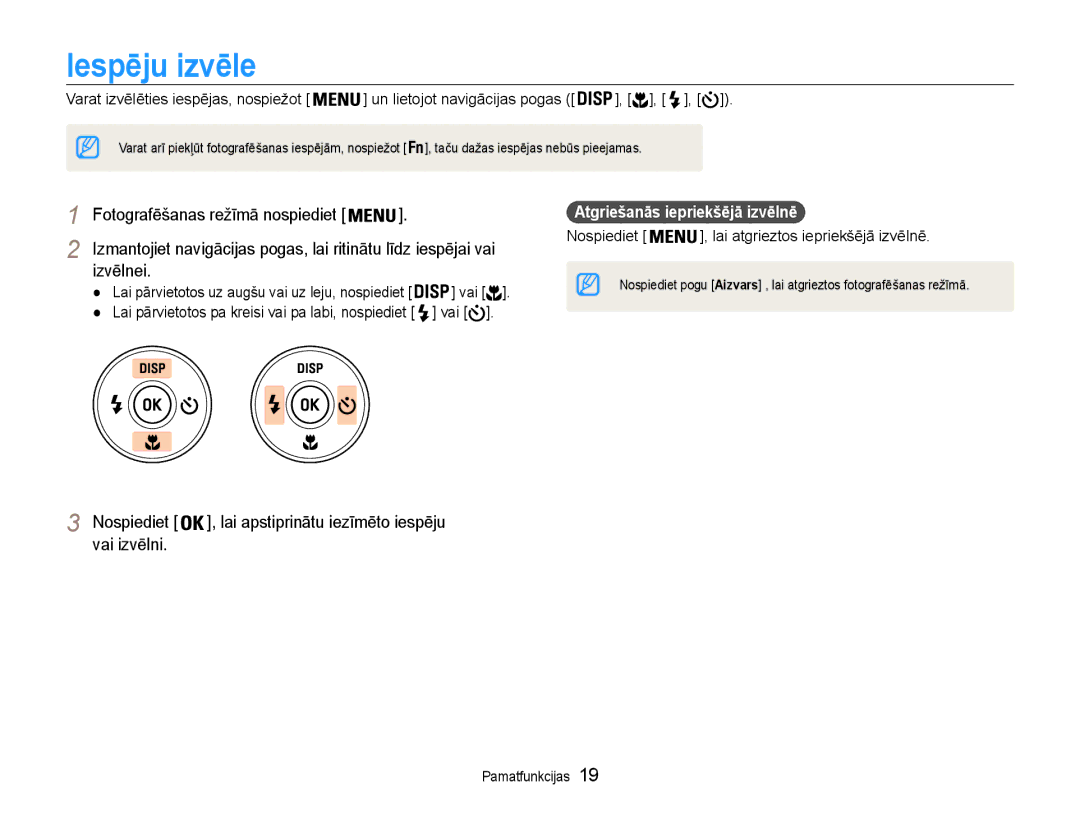 Samsung EC-PL210ZBPBE2 manual Iespēju izvēle, Izvēlnei, Vai izvēlni, Atgriešanās iepriekšējā izvēlnē 