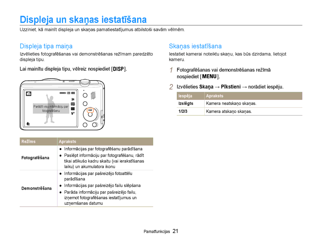 Samsung EC-PL210ZBPBE2 manual Displeja un skaņas iestatīšana, Displeja tipa maiņa, Skaņas iestatīšana 