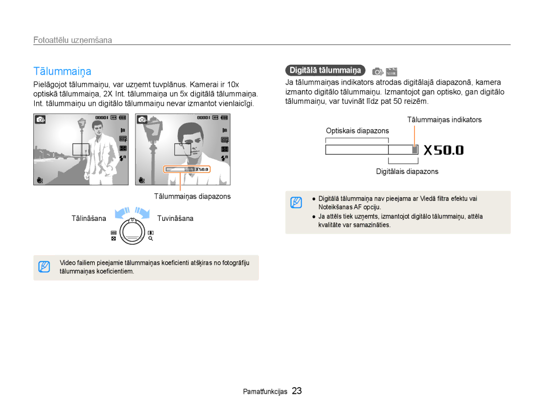 Samsung EC-PL210ZBPBE2 manual Fotoattēlu uzņemšana, Tālummaiņas diapazons Tālināšana Tuvināšana, Digitālā tālummaiņa 