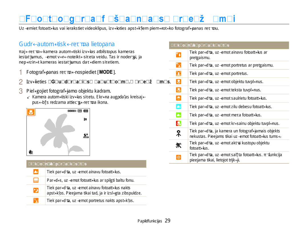 Samsung EC-PL210ZBPBE2 manual Fotografēšanas režīmi, Gudrā automātiskā režīma lietošana, Fotografēšanas režīmā nospiediet 