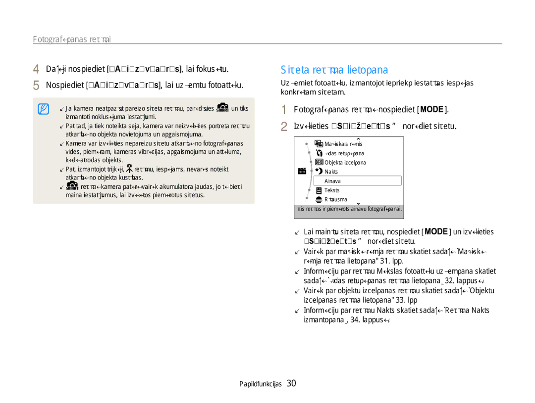 Samsung EC-PL210ZBPBE2 manual Sižeta režīma lietošana, Fotografēšanas režīmi 