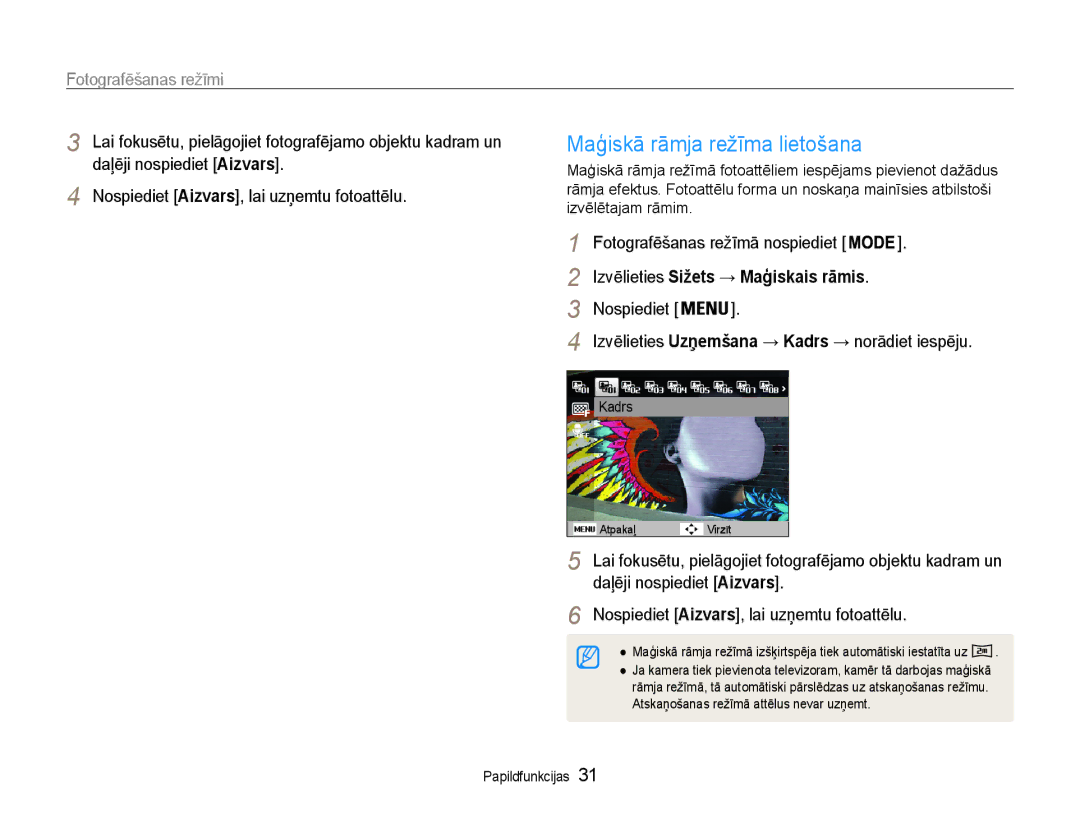 Samsung EC-PL210ZBPBE2 manual Maģiskā rāmja režīma lietošana, Izvēlieties Sižets → Maģiskais rāmis 