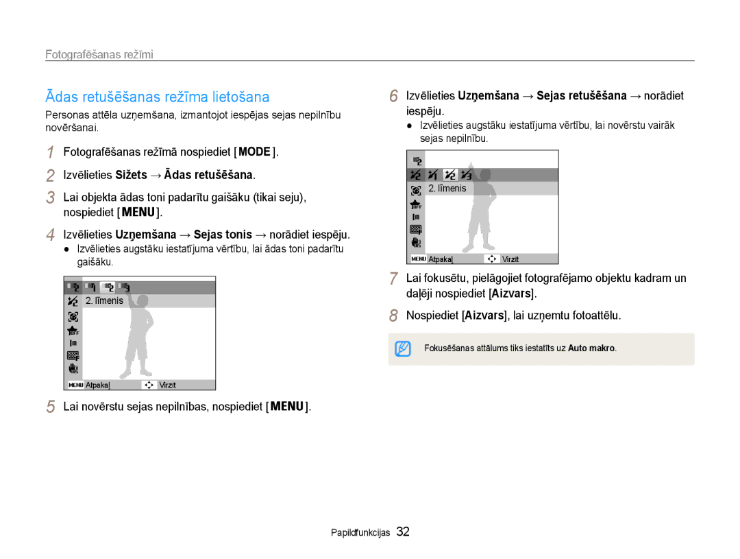 Samsung EC-PL210ZBPBE2 manual Ādas retušēšanas režīma lietošana, Izvēlieties Sižets → Ādas retušēšana 