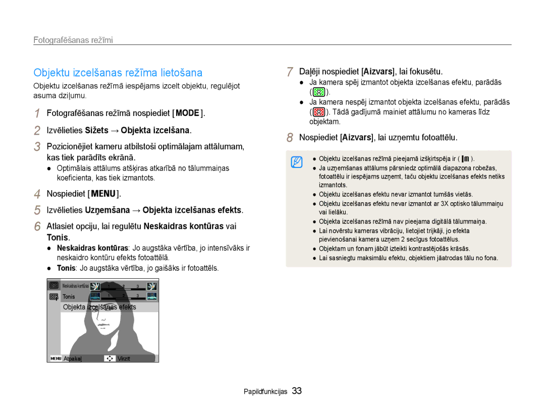 Samsung EC-PL210ZBPBE2 manual Objektu izcelšanas režīma lietošana, Kas tiek parādīts ekrānā, Tonis 