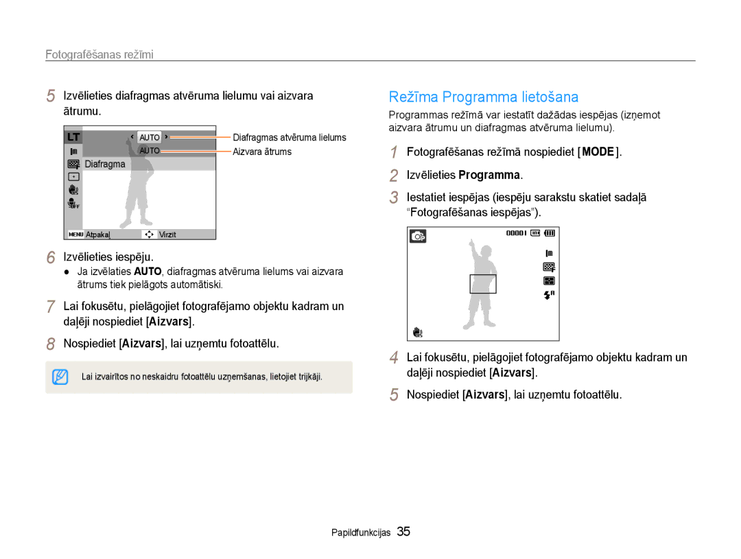 Samsung EC-PL210ZBPBE2 manual Režīma Programma lietošana, Izvēlieties diafragmas atvēruma lielumu vai aizvara ātrumu 