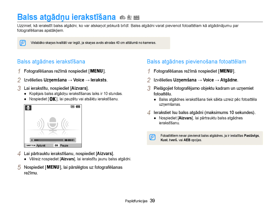 Samsung EC-PL210ZBPBE2 Balss atgādņu ierakstīšana, Balss atgādnes ierakstīšana, Balss atgādnes pievienošana fotoattēlam 