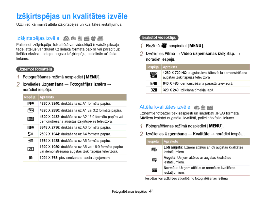 Samsung EC-PL210ZBPBE2 manual Izšķirtspējas un kvalitātes izvēle, Izšķirtspējas izvēle, Attēla kvalitātes izvēle 