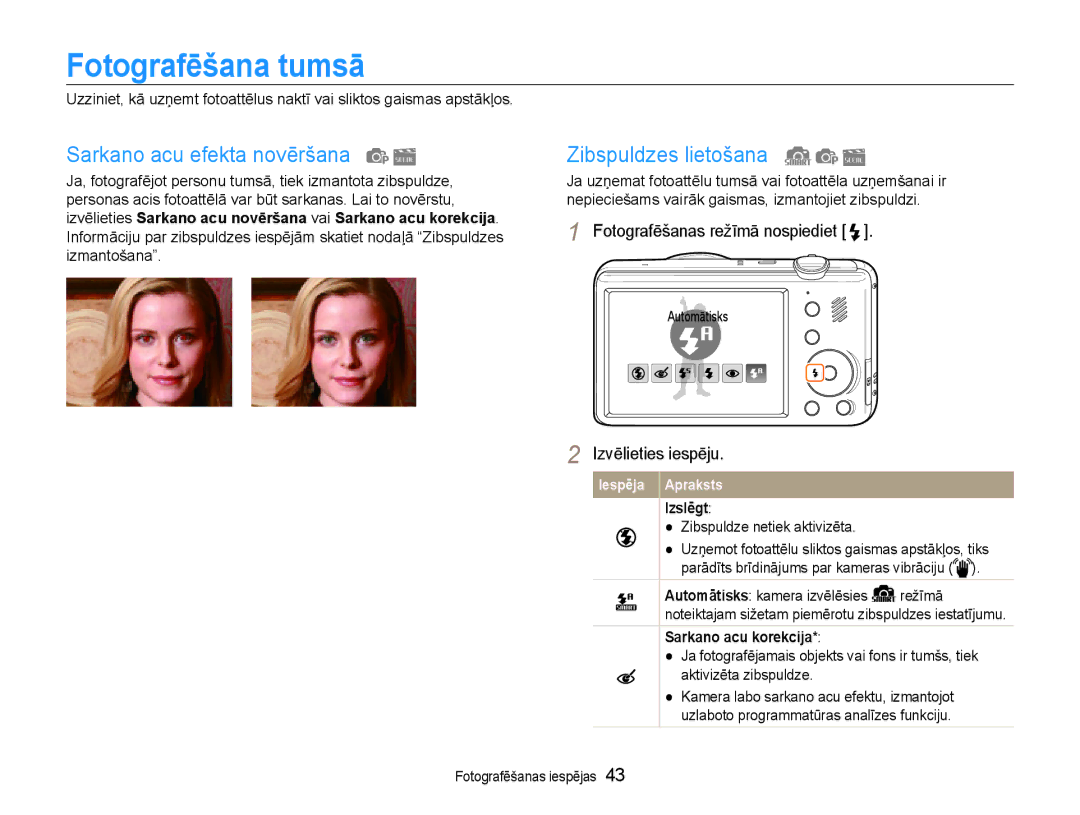 Samsung EC-PL210ZBPBE2 manual Fotografēšana tumsā, Sarkano acu efekta novēršana, Zibspuldzes lietošana, Izslēgt 