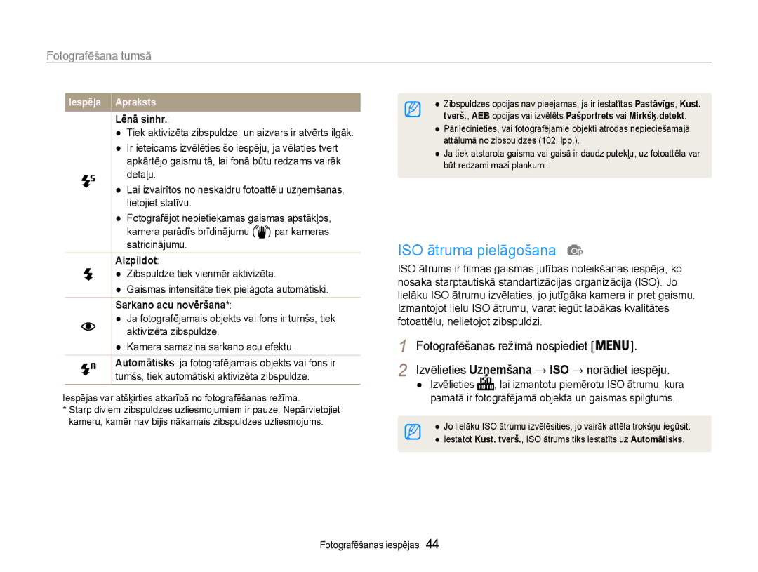 Samsung EC-PL210ZBPBE2 manual ISO ātruma pielāgošana, Fotografēšana tumsā, Lēnā sinhr, Aizpildоt, Sarkano acu novēršana 