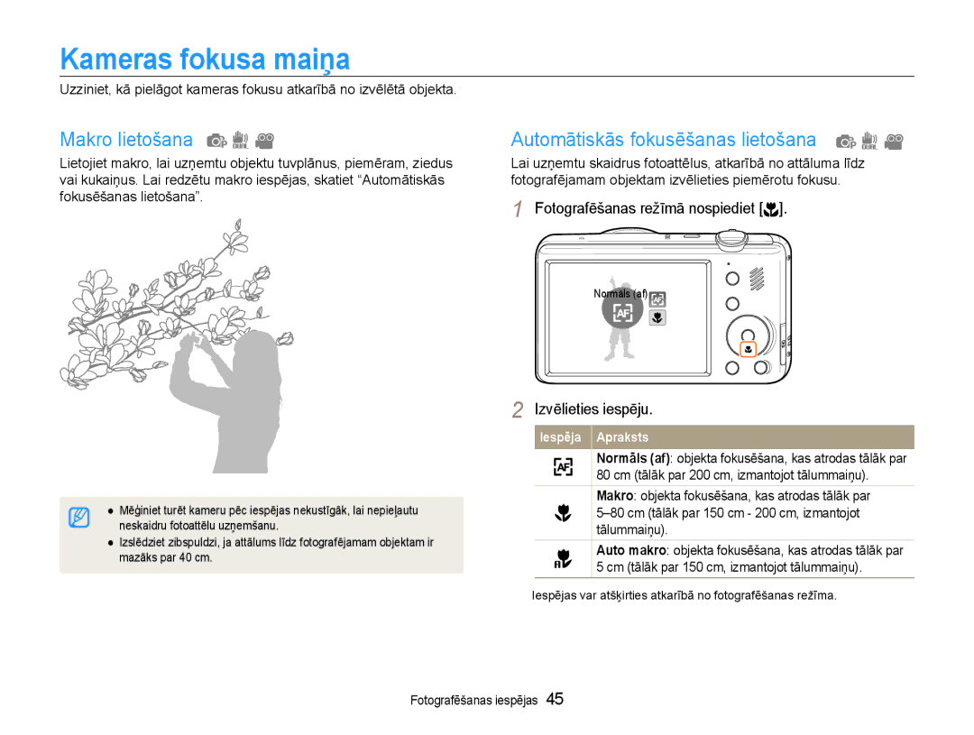 Samsung EC-PL210ZBPBE2 manual Kameras fokusa maiņa, Makro lietošana, Automātiskās fokusēšanas lietošana 