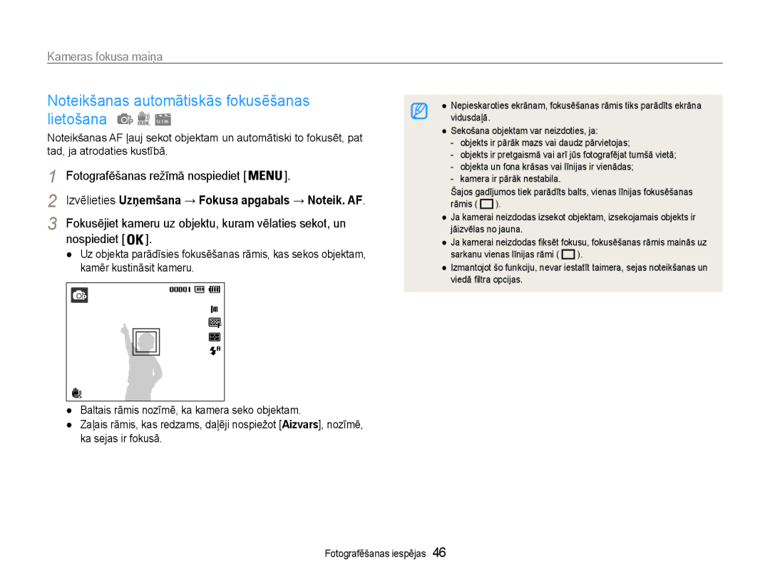 Samsung EC-PL210ZBPBE2 manual Kameras fokusa maiņa, Fokusējiet kameru uz objektu, kuram vēlaties sekot, un 