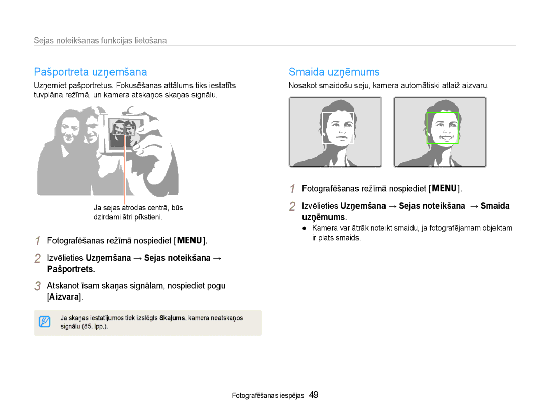 Samsung EC-PL210ZBPBE2 manual Pašportreta uzņemšana, Smaida uzņēmums, Sejas noteikšanas funkcijas lietošana, Pašportrets 