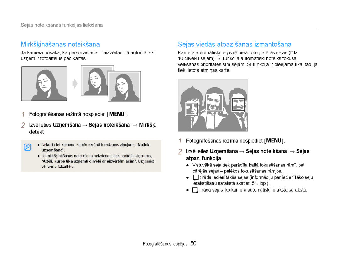 Samsung EC-PL210ZBPBE2 manual Mirkšķināšanas noteikšana, Sejas viedās atpazīšanas izmantošana, Detekt, Atpaz. funkcija 