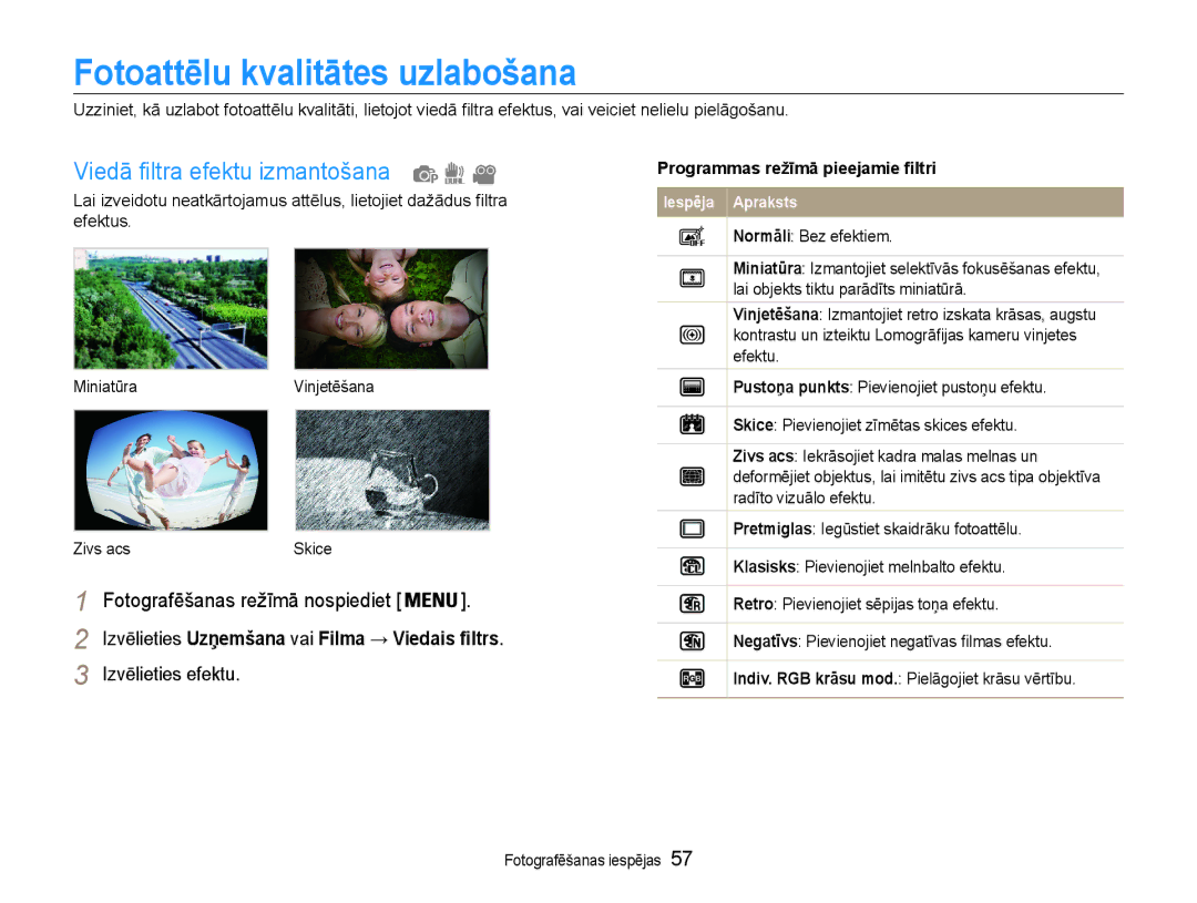 Samsung EC-PL210ZBPBE2 manual Fotoattēlu kvalitātes uzlabošana, Viedā filtra efektu izmantošana, Izvēlieties efektu 