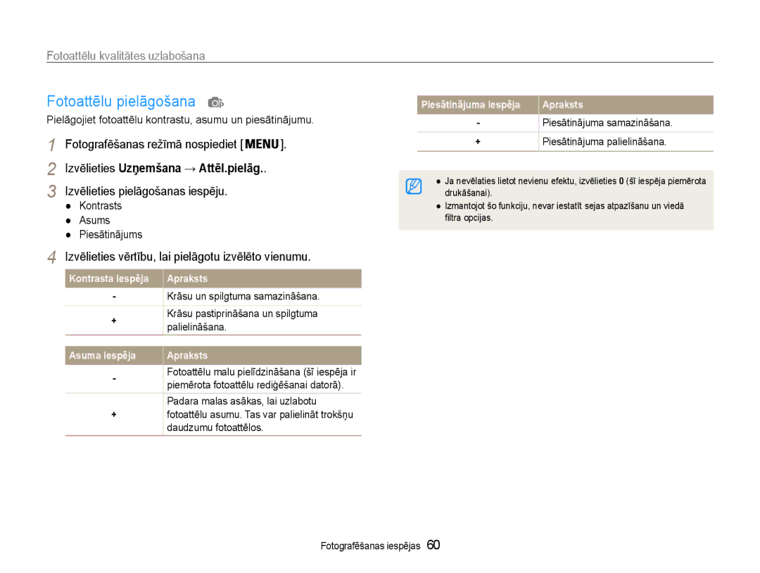 Samsung EC-PL210ZBPBE2 Fotoattēlu pielāgošana, Izvēlieties Uzņemšana → Attēl.pielāg, Izvēlieties pielāgošanas iespēju 