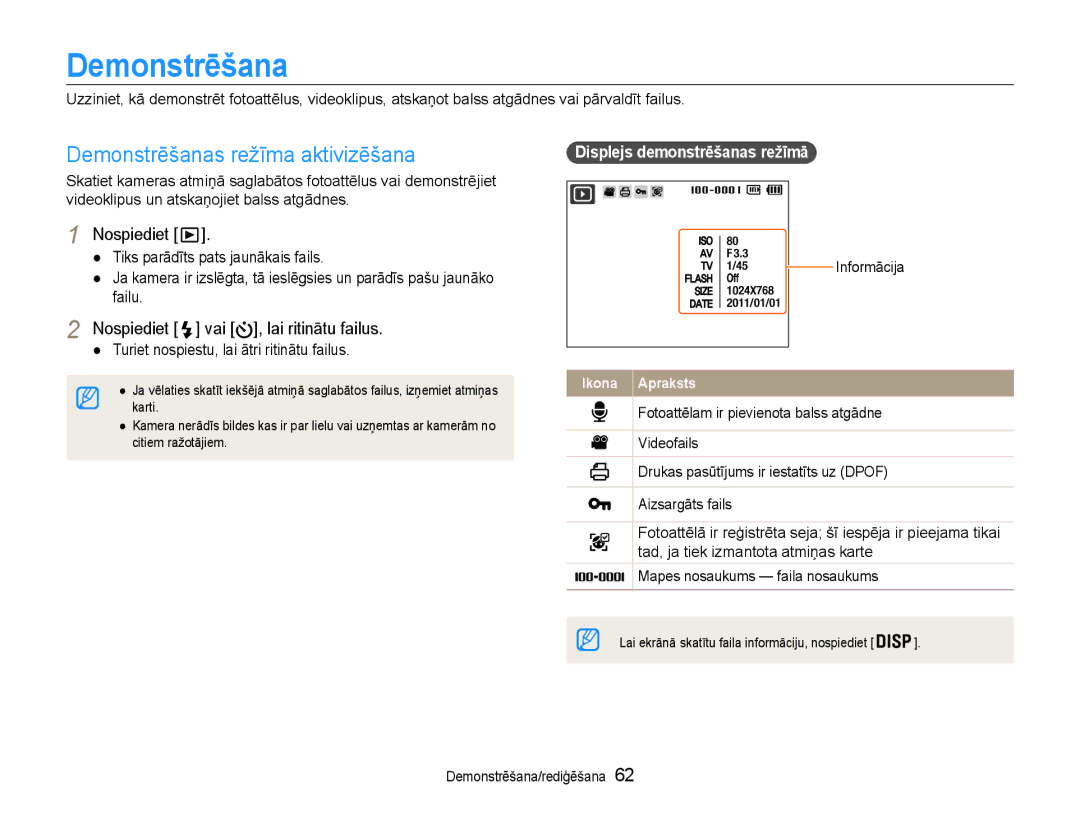 Samsung EC-PL210ZBPBE2 manual Demonstrēšanas režīma aktivizēšana, Nospiediet vai , lai ritinātu failus 