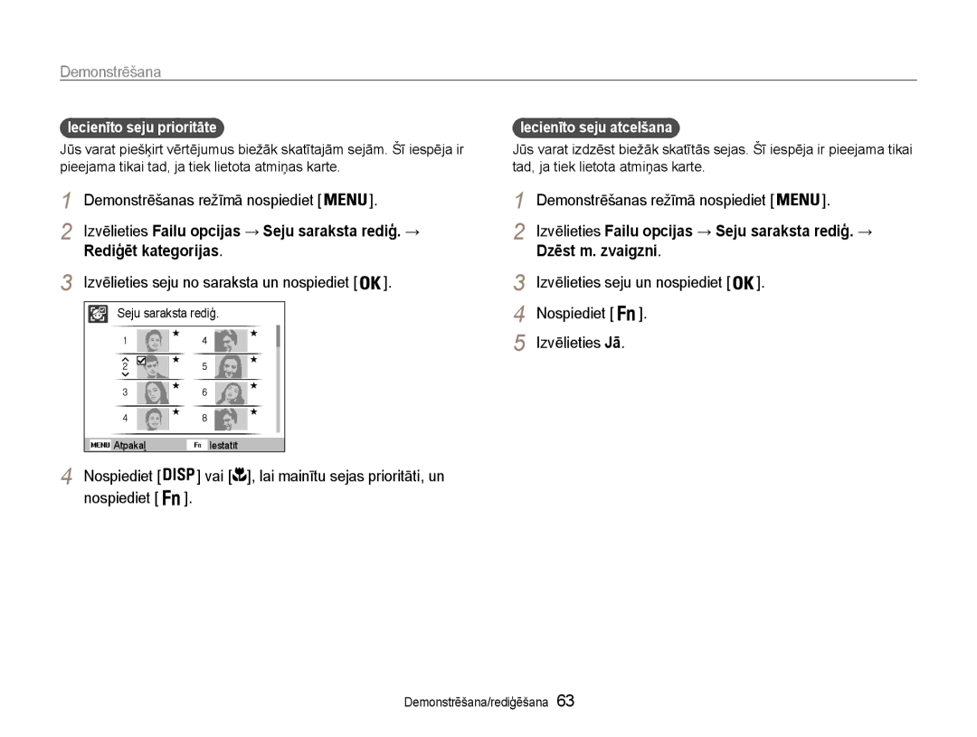 Samsung EC-PL210ZBPBE2 manual Demonstrēšanas režīmā nospiediet, Rediģēt kategorijas, Iecienīto seju prioritāte 