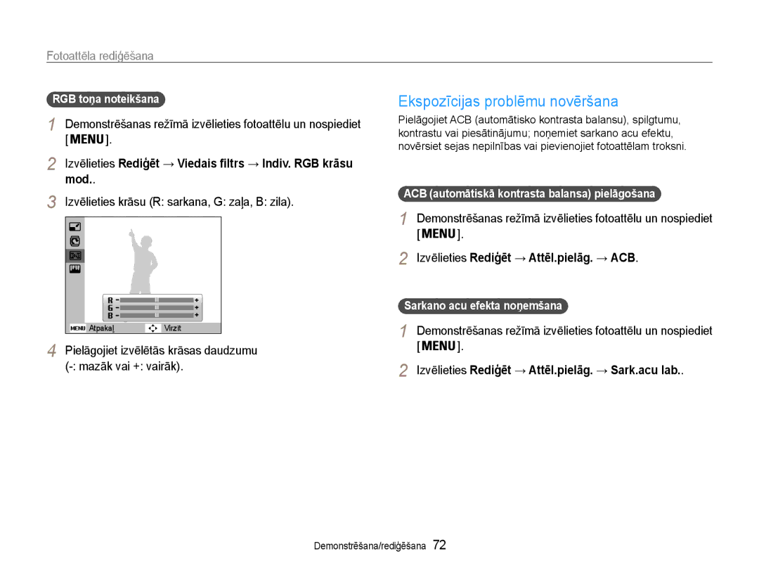 Samsung EC-PL210ZBPBE2 manual Ekspozīcijas problēmu novēršana, Mod, Izvēlieties krāsu R sarkana, G zaļa, B zila 