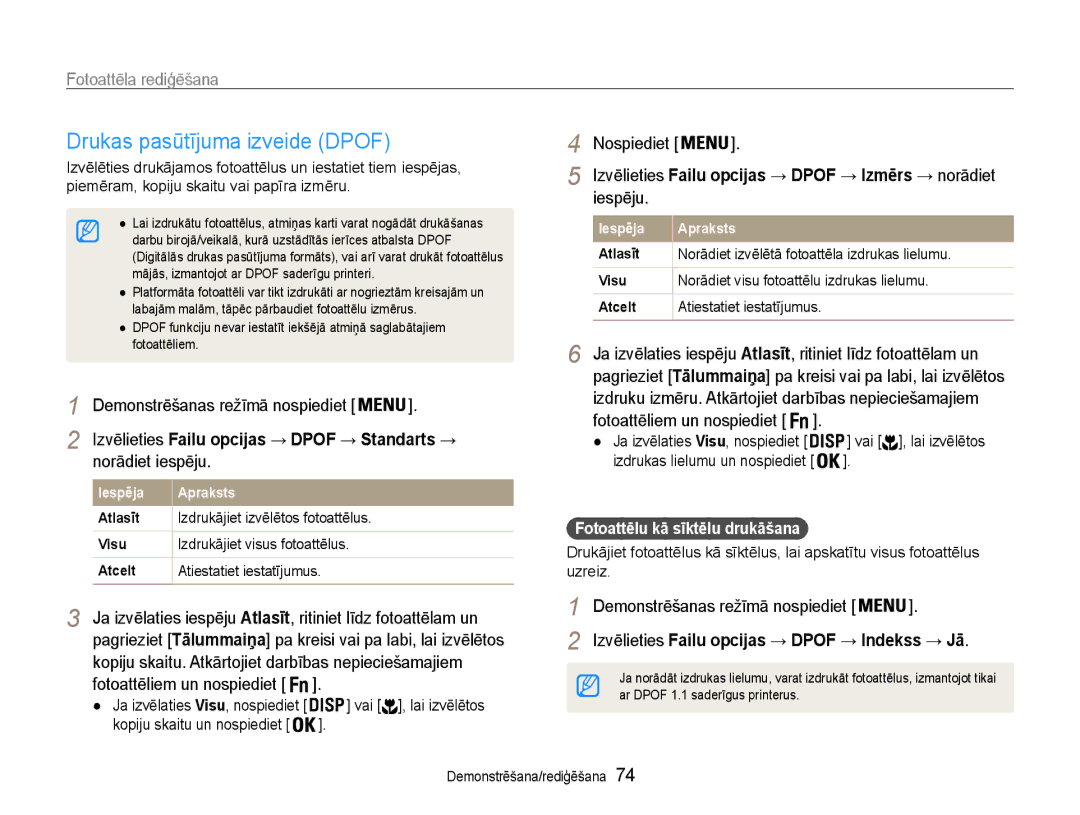 Samsung EC-PL210ZBPBE2 manual Drukas pasūtījuma izveide Dpof, Fotoattēlu kā sīktēlu drukāšana 