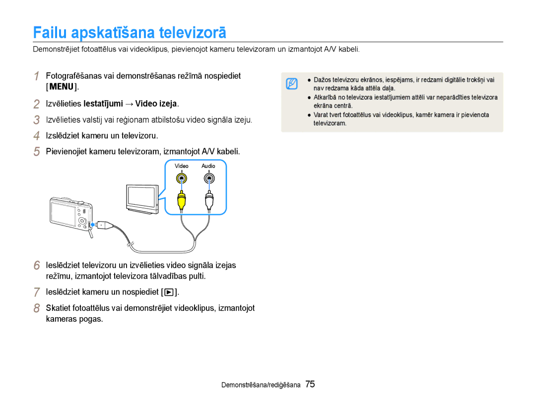 Samsung EC-PL210ZBPBE2 manual Failu apskatīšana televizorā, Izvēlieties Iestatījumi → Video izeja 