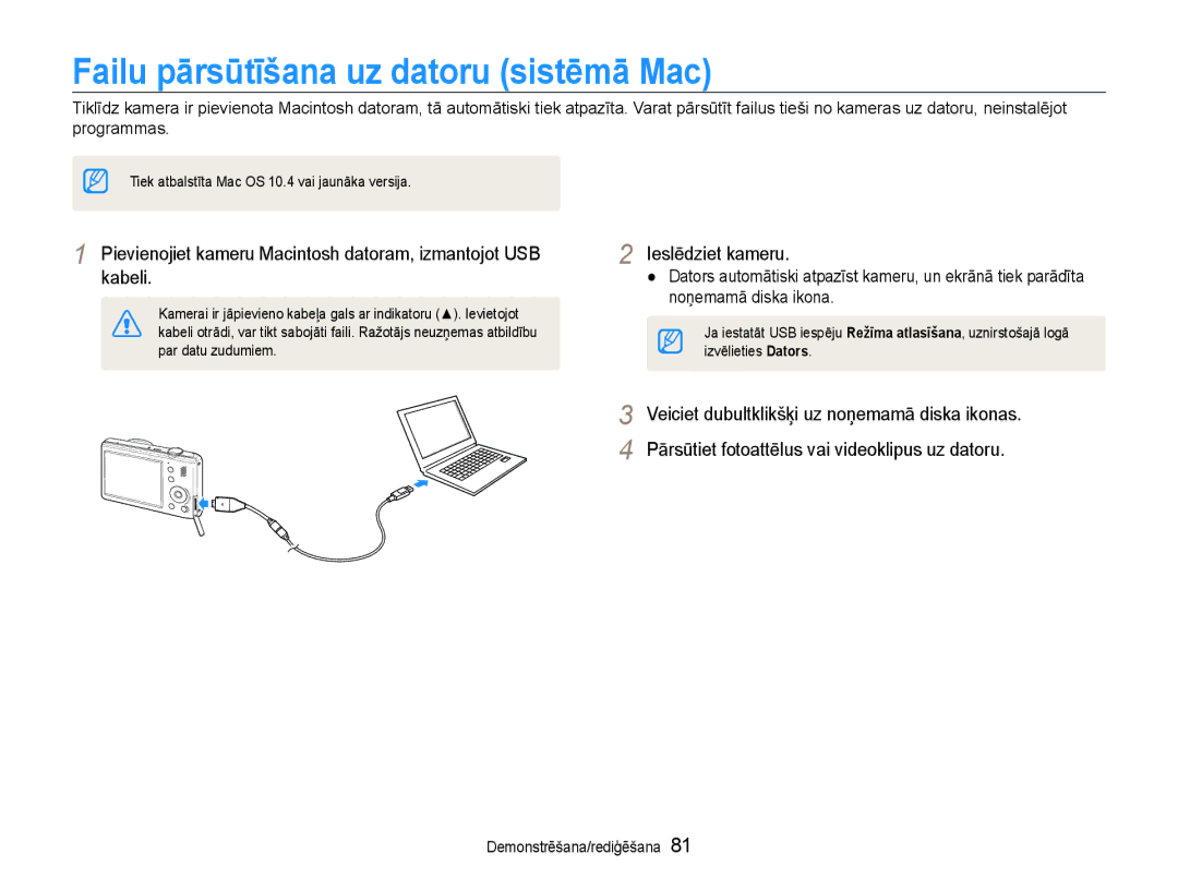 Samsung EC-PL210ZBPBE2 manual Failu pārsūtīšana uz datoru sistēmā Mac 