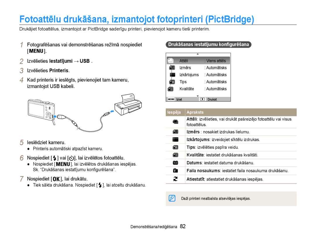 Samsung EC-PL210ZBPBE2 manual Fotoattēlu drukāšana, izmantojot fotoprinteri PictBridge, Izvēlieties Iestatījumi → USB 