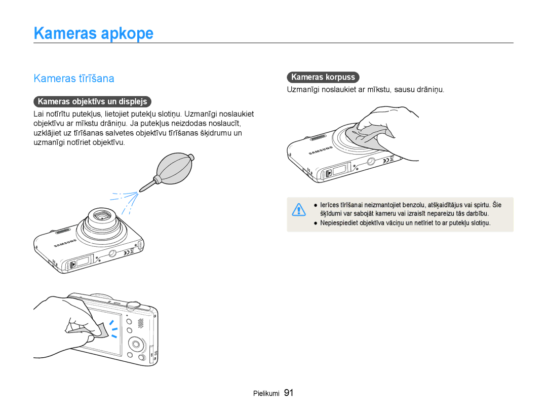 Samsung EC-PL210ZBPBE2 manual Kameras apkope, Kameras tīrīšana, Kameras objektīvs un displejs, Kameras korpuss 