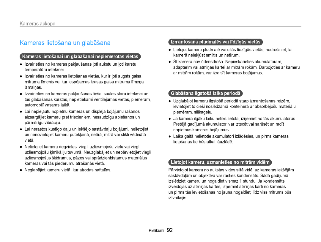 Samsung EC-PL210ZBPBE2 manual Kameras lietošana un glabāšana, Kameras apkope 