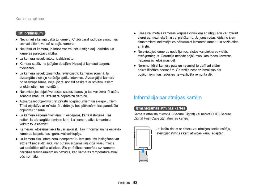 Samsung EC-PL210ZBPBE2 manual Informācija par atmiņas kartēm, Citi brīdinājumi, Izmantojamās atmiņas kartes 