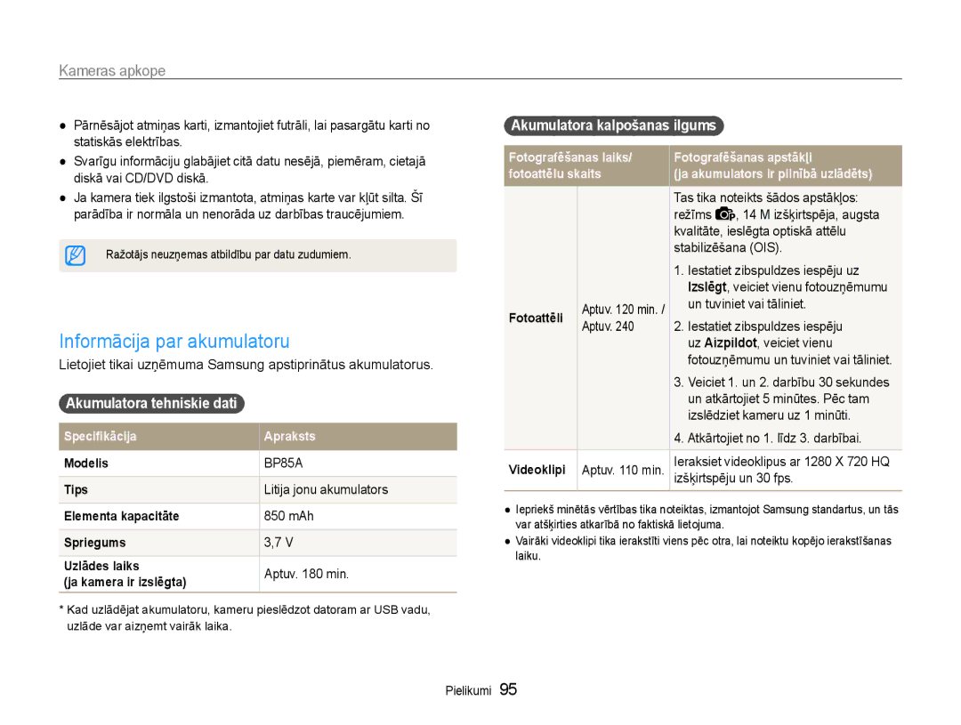 Samsung EC-PL210ZBPBE2 manual Informācija par akumulatoru, Akumulatora tehniskie dati, Akumulatora kalpošanas ilgums 