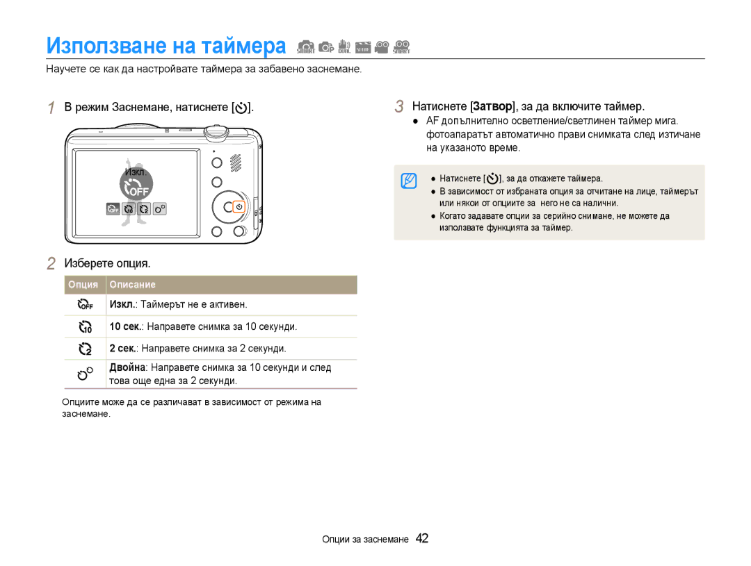 Samsung EC-PL210ZBPSE3, EC-PL210ZBPBE3 manual Използване на таймера, Натиснете Затвор, за да включите таймер, Изберете опция 