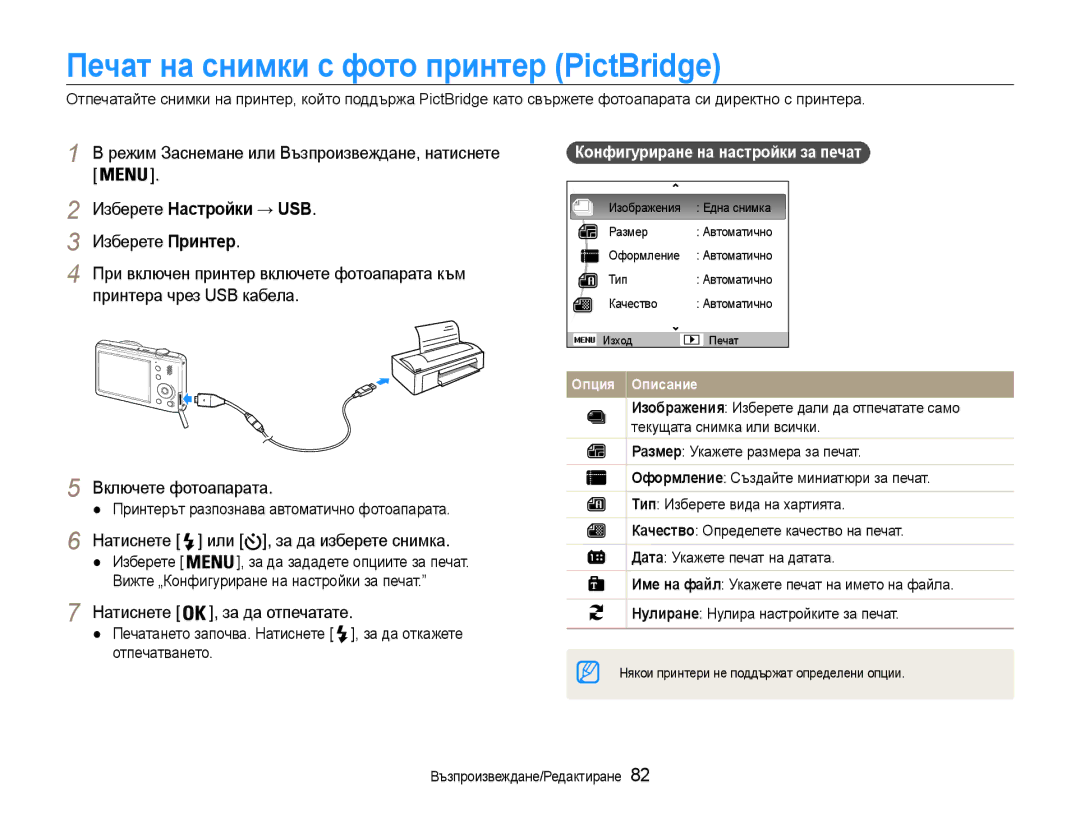 Samsung EC-PL210ZBPSE3 manual Печат на снимки с фото принтер PictBridge, Изберете Настройки → USB, Изберете Принтер 