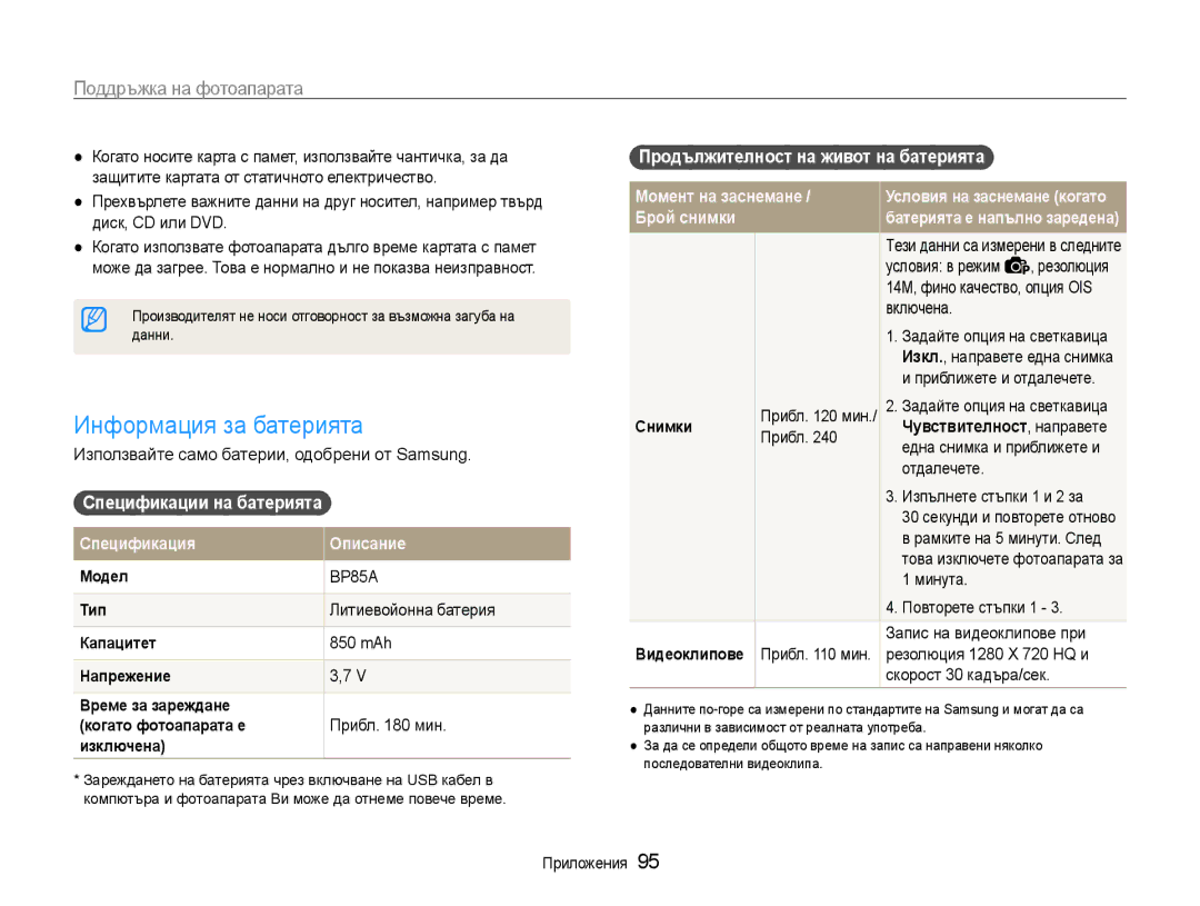 Samsung EC-PL210ZBPBE3 manual Информация за батерията, Спецификации на батерията Спецификация Описание, Брой снимки 