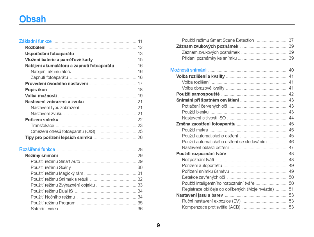 Samsung EC-PL210ZBPBE3, EC-PL210ZBPSE3 manual Obsah, Nabíjení akumulátoru a zapnutí fotoaparátu 