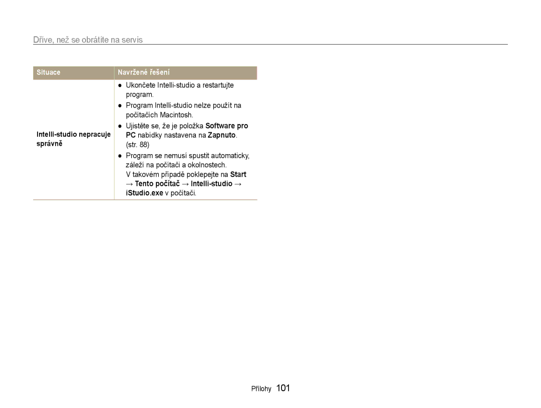 Samsung EC-PL210ZBPBE3, EC-PL210ZBPSE3 manual Intelli-studio nepracuje správně 