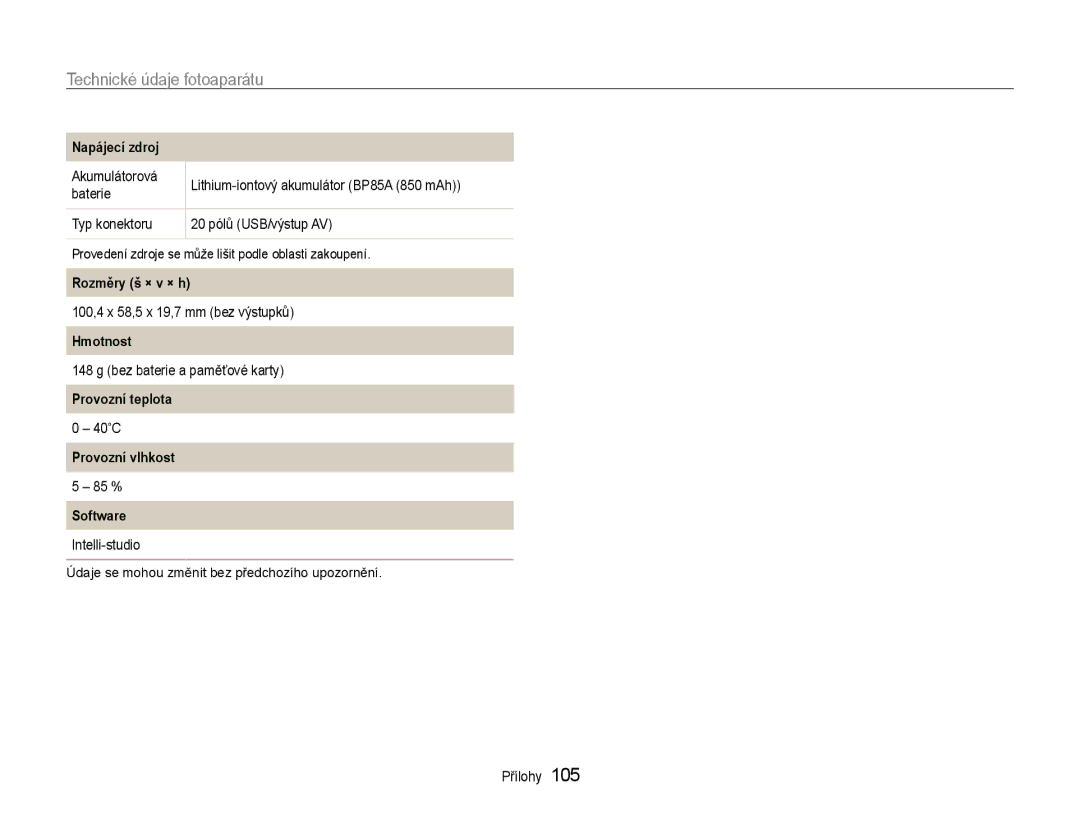 Samsung EC-PL210ZBPBE3, EC-PL210ZBPSE3 Napájecí zdroj, Rozměry š × v × h, Hmotnost, Provozní teplota, Provozní vlhkost 