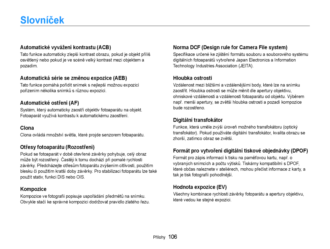 Samsung EC-PL210ZBPSE3, EC-PL210ZBPBE3 manual Slovníček 