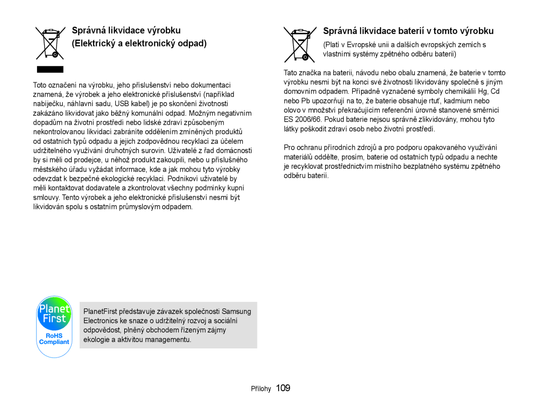 Samsung EC-PL210ZBPBE3, EC-PL210ZBPSE3 manual Správná likvidace baterií v tomto výrobku 